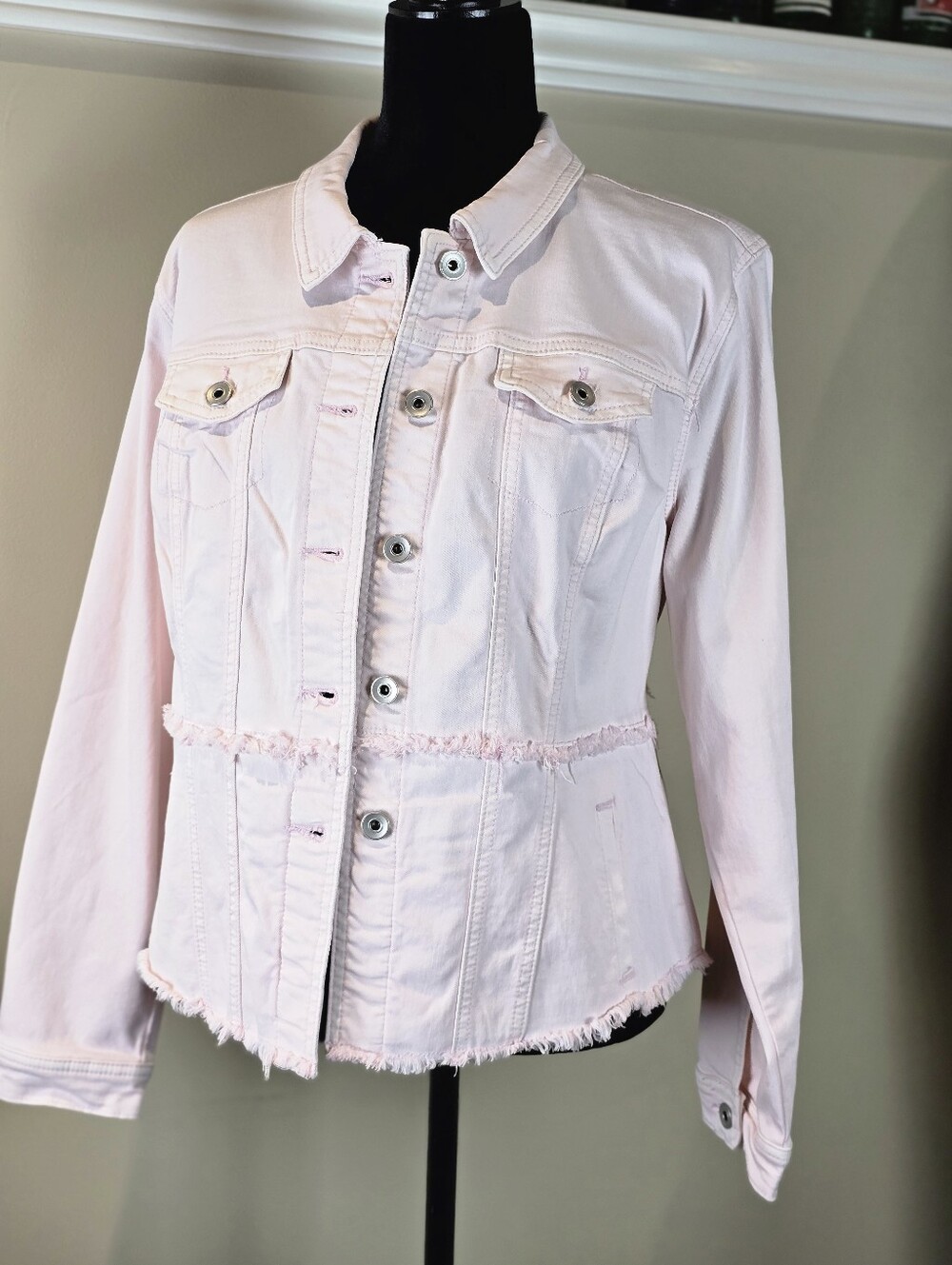 Petite Size Large Tribal Jeans Frayed Peplum Denim Jacket Pink Rose Quartz